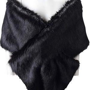Caracilia Women Winter Warm Faux Fox Fur Collar Scarf Stole, Black NWOT Size 51”